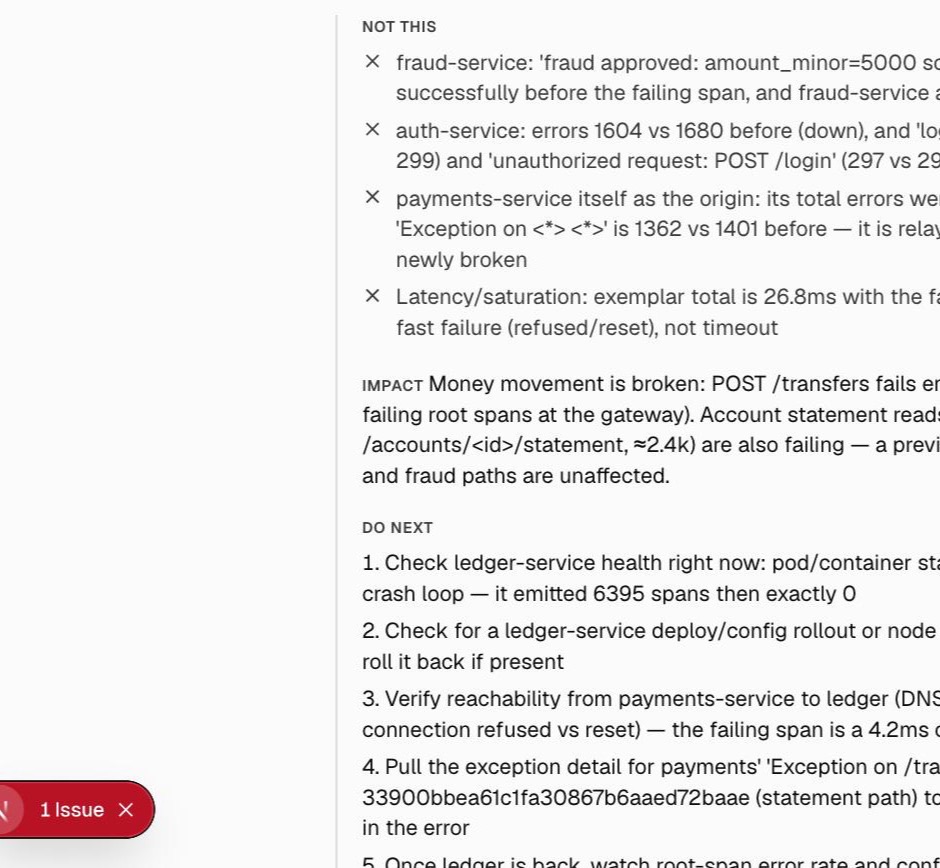 Continuation of the root cause panel showing a 'not this' section ruling out the auth service, fraud service, the payments service itself and latency, each with the specific numbers that eliminate it, followed by an impact statement and a numbered list of next steps.